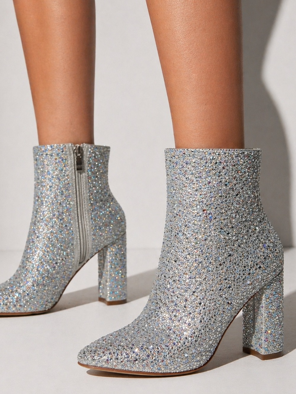 De Blossom Collection Silver Glitter Rhinestone Ankle Booties Glam Party Heels